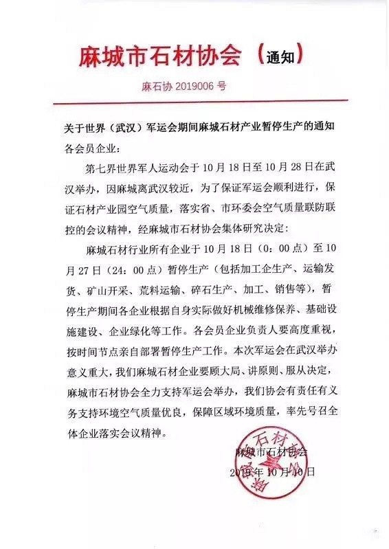 緊急通知：麻城石材18日起將停工停產(chǎn)10天