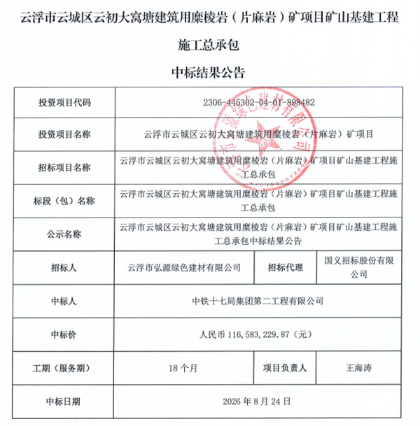 落錘！中鐵十七局中標(biāo)廣東云浮大窩塘2700萬噸/年砂石礦基建總包